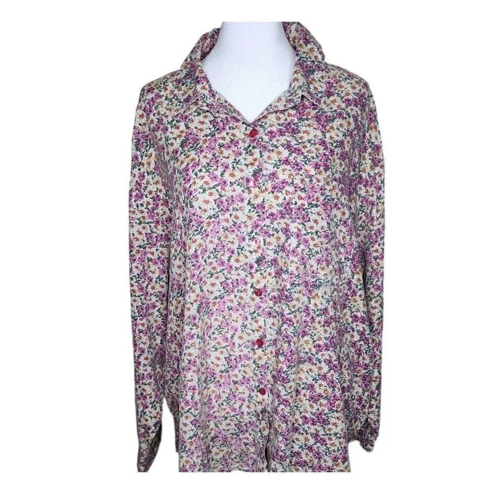 Vintage 80s Blouse Tunic Oversized Shirt Womens Size 2XL Pink Floral Button Up